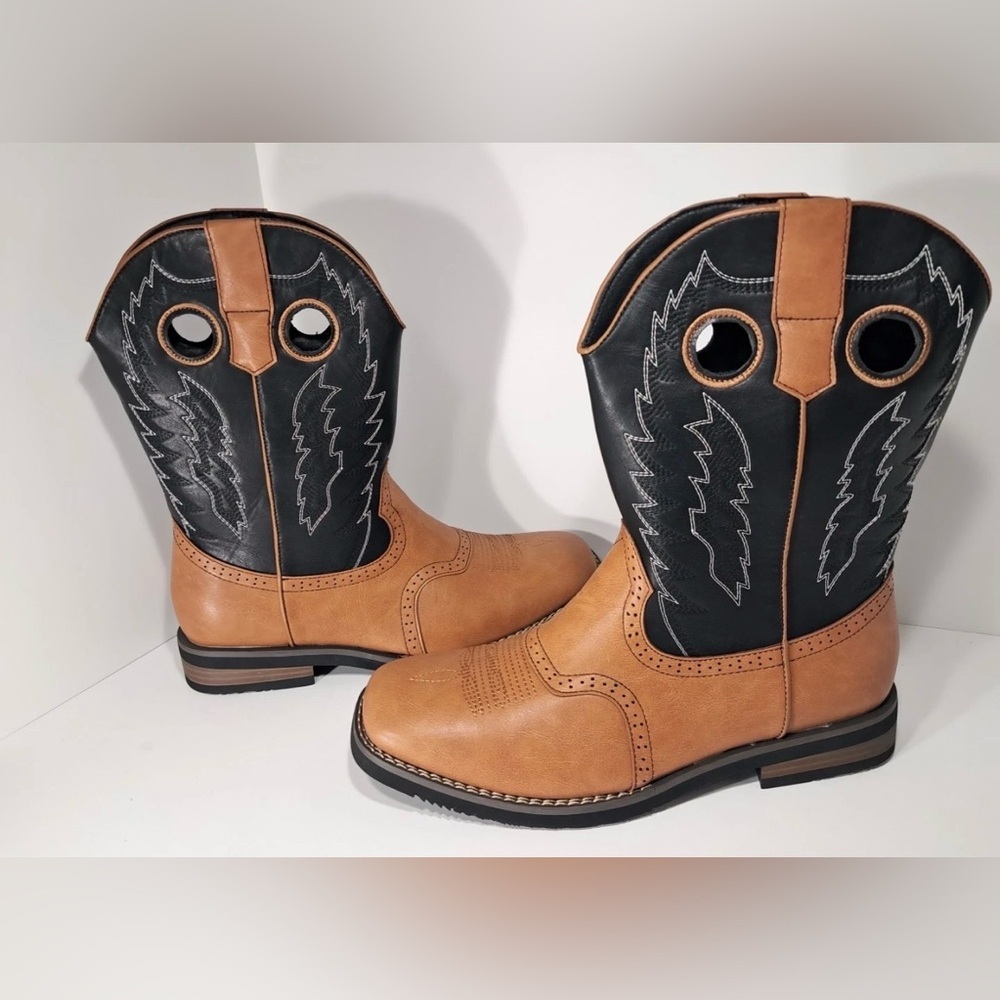 Men’s Cowboy Boots Black Brown Pull On Square Toe EU 44 US 10.5 NWT